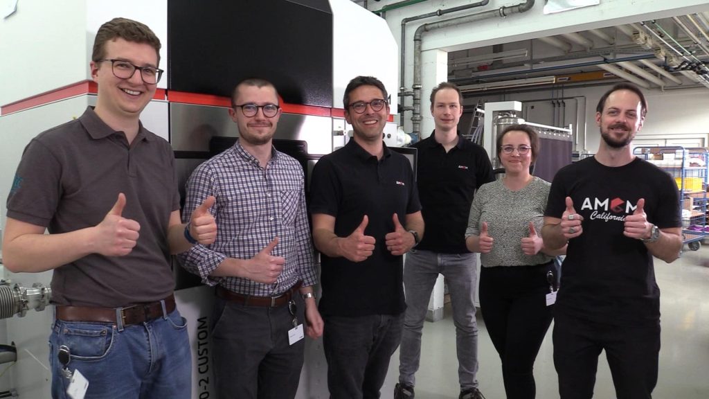 The MTC team visiting AMCM Starnberg to receive comprehensive practical training on the machine before it is delivered. From left to right: Chris Dalton, Alex Hardaker, Marius Christ, Christoph Seyfert, Fiona Schulz, Marius Hoyer. Photo via MTC.